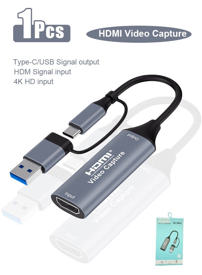 HDMI video capture card, supports 4K input, equipped with dual USB-A and Type-C interfaces, compatible with PS5/XBOX, suitable for live streaming, gaming, cameras, and laptops. - Image 1
